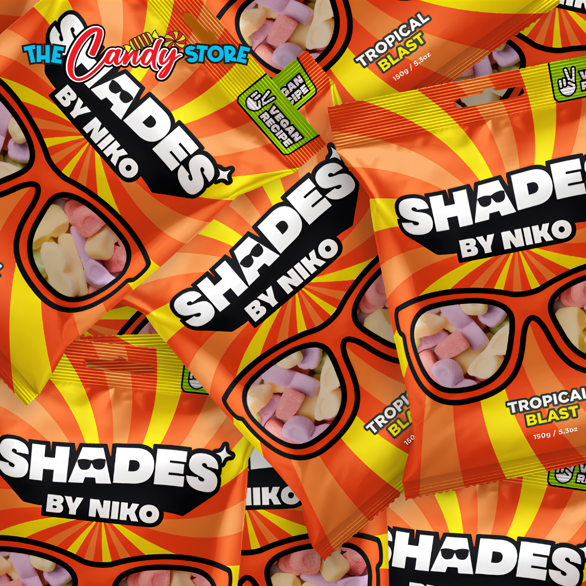 A close-up arrangement of multiple candy bags from Shades By Niko Tropical Blast