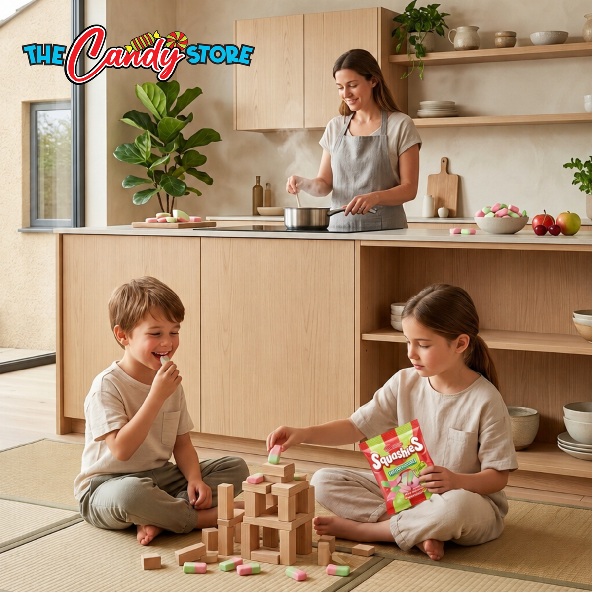  family scene in a bright modern kitchen with two children sitting on the floor playing with wooden blocks and a girl holding a bag of squashies candies, while a woman cooks in the background.