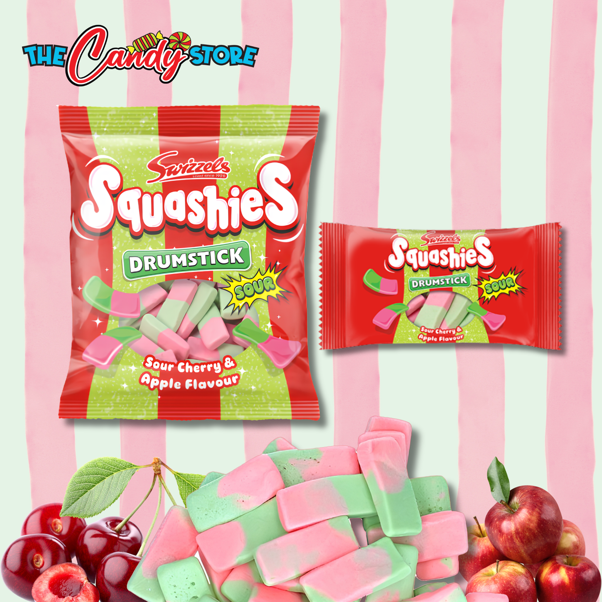Two bags of Swizzel's Squashies Drumstick Sour candy are shown on a pink and white striped background, with loose pink and mint candy pieces and cherries/apples at the bottom.