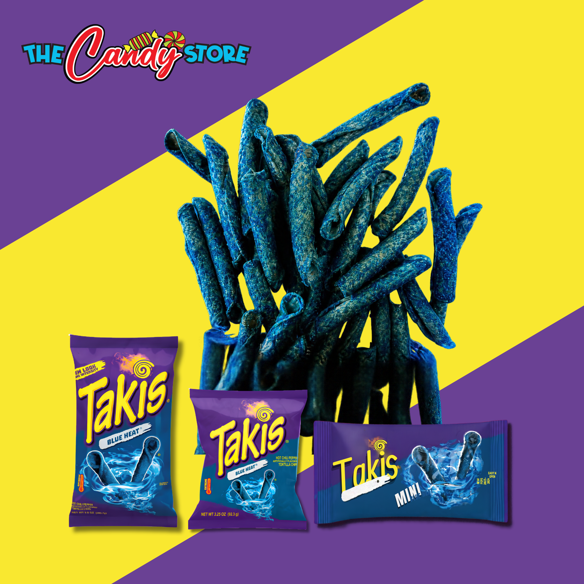 Three bags of Takis Dip flavor rolled chips in purple packaging are arranged in front of a large pile of blue-tinted rolled chips on a yellow and purple diagonally split background. The Candy Store logo is visible in the top left corner.