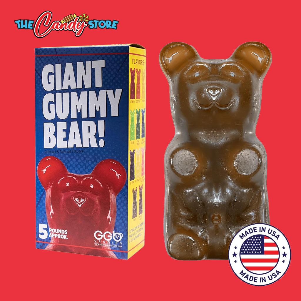 Giant gummy bear with packaging and 'Made in USA' label on a red background