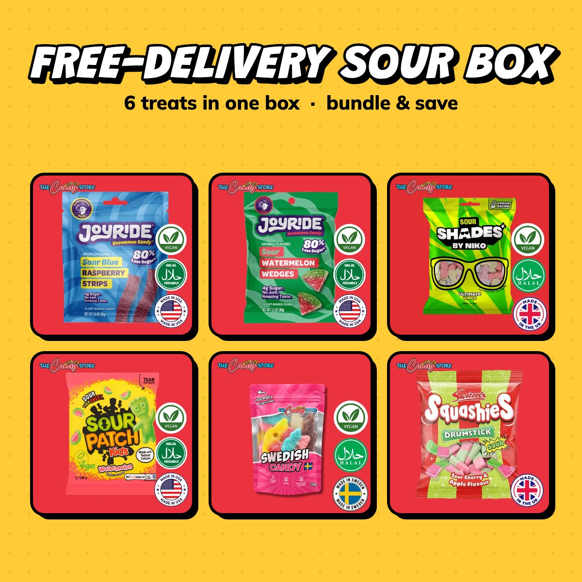 Free-Delivery Sour Box: Joyride Sour Blue Raspberry Strips, Joyride Sour Watermelon Wedges, Shades by Niko Sour Ultimate Vibes and more