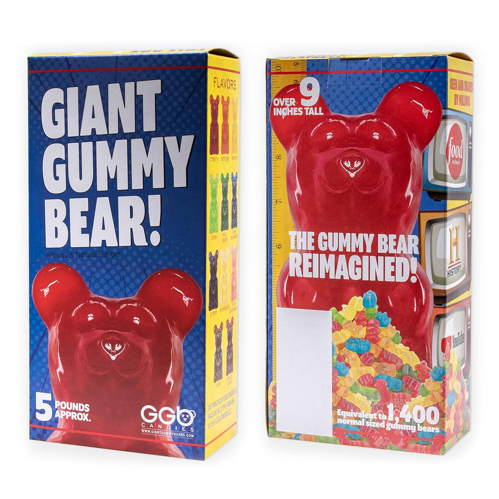 Two boxes of a giant gummy bear with colorful text and graphics.