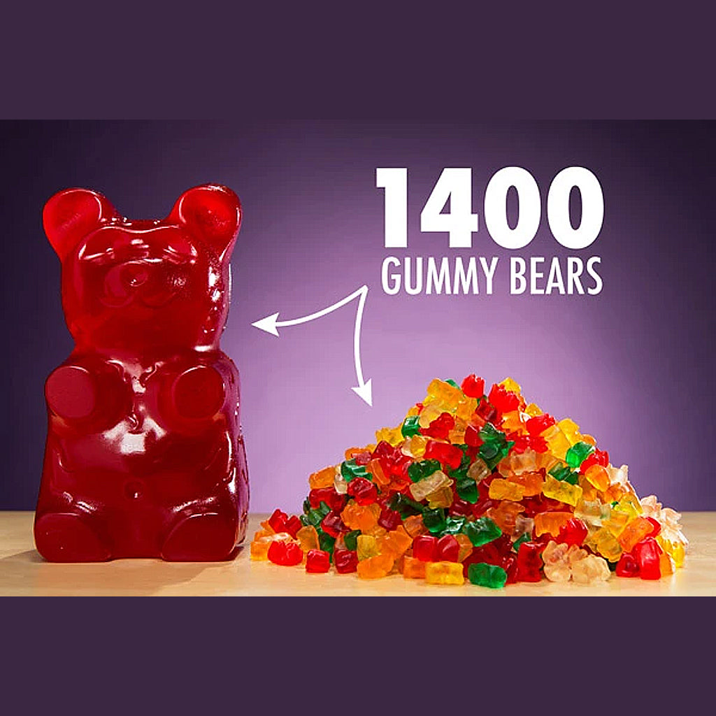 Large red gummy bear next to a pile of smaller gummy bears with text indicating '1400 gummy bears' on a purple background.