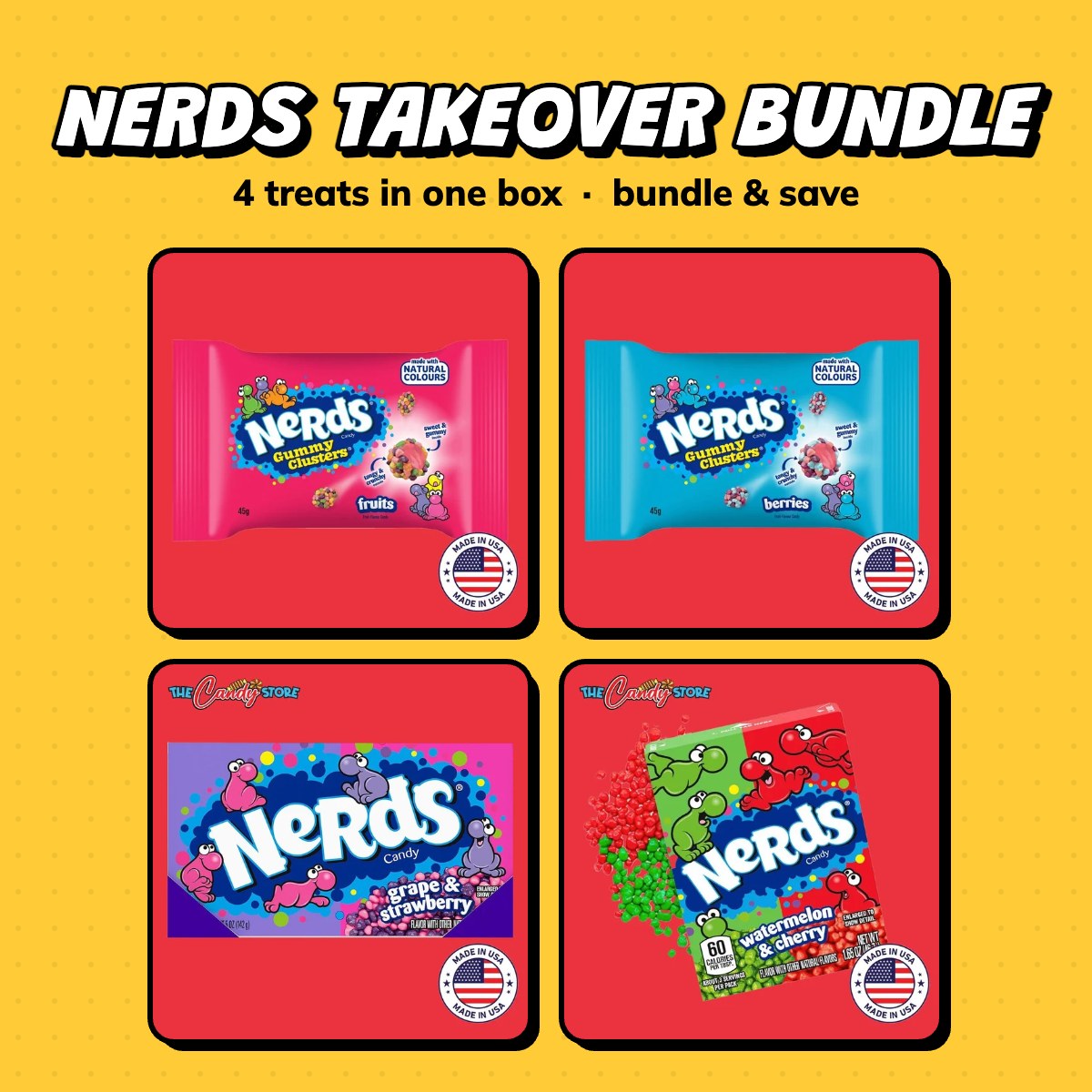 Nerds Takeover Bundle: Nerds Gummy Clusters Rainbow 113g, Nerds Gummy Clusters Berries 113g, Nerds Grape & Strawberry Box 46g and more