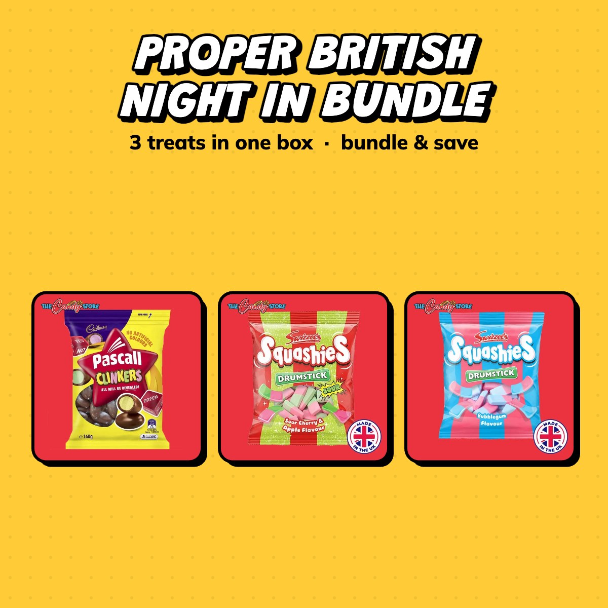 Proper British Night In Bundle: Cadbury Pascall Clinkers, Squashies Sour Cherry & Apple 120g, Squashies Bubblegum 120g and more