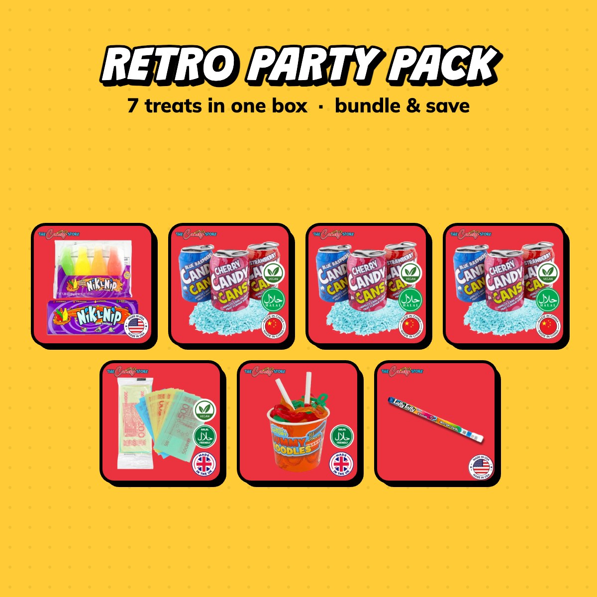 Retro Party Pack: Nik-L-Nip Wax Bottles 4-pack, Crazy Candy Can (Strawberry), Crazy Candy Can (Cherry) and more