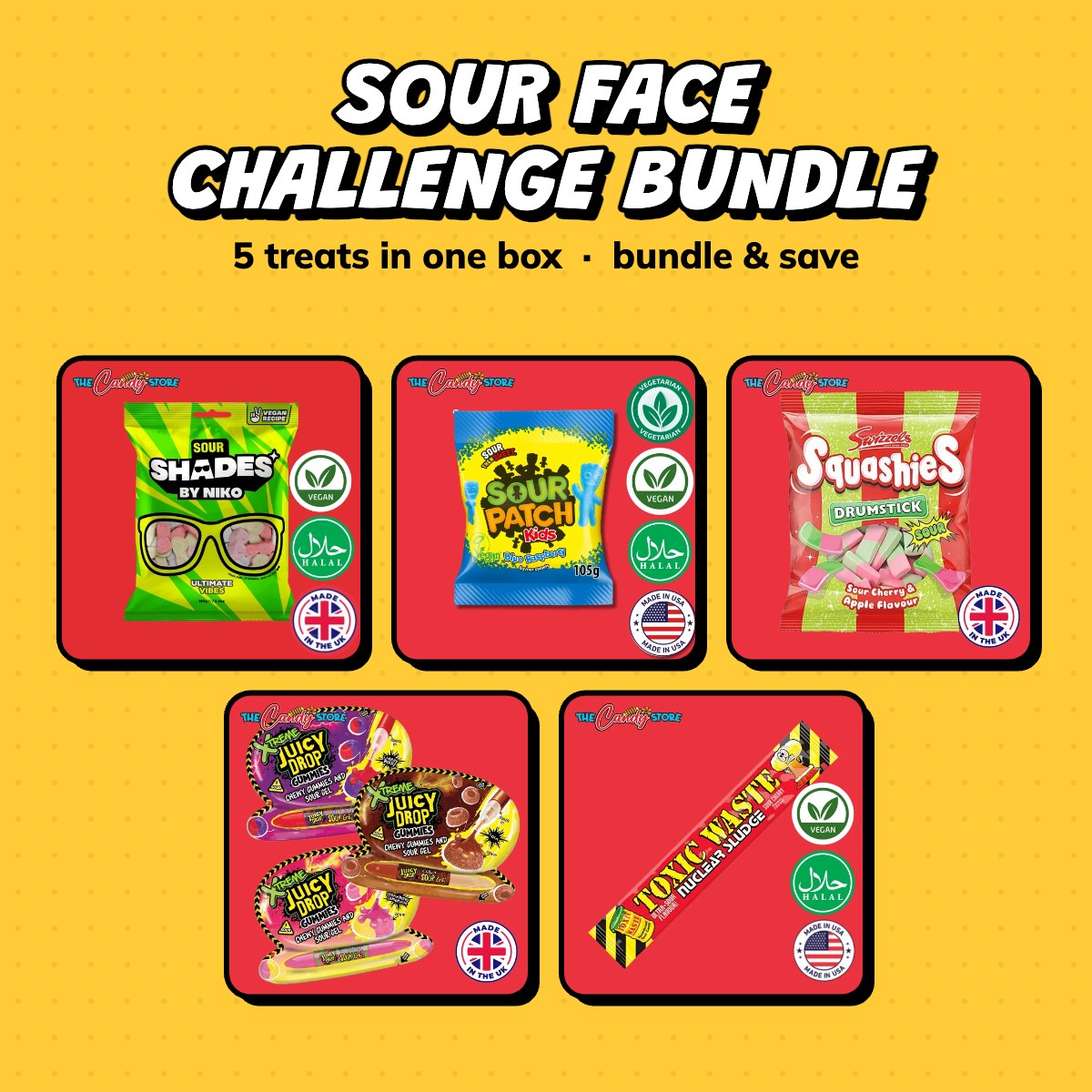 Sour Face Challenge Bundle: Shades by Niko Sour Ultimate Vibes, Sour Patch Kids Blue Raspberry 105g, Squashies Sour Cherry & Apple 120g and more