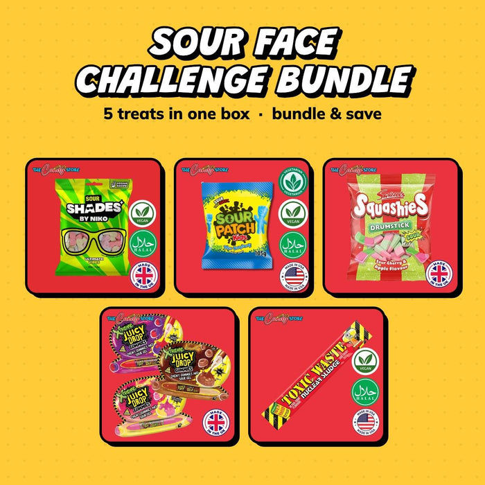 Sour Face Challenge Bundle: Shades by Niko Sour Ultimate Vibes, Sour Patch Kids Blue Raspberry 105g, Squashies Sour Cherry & Apple 120g and more