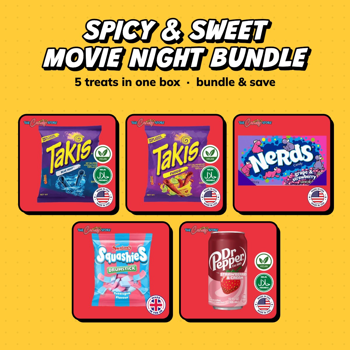 Spicy & Sweet Movie Night Bundle: Takis Blue Heat 92.3g, Takis Fuego 28g, Nerds Grape & Strawberry Box 46g and more