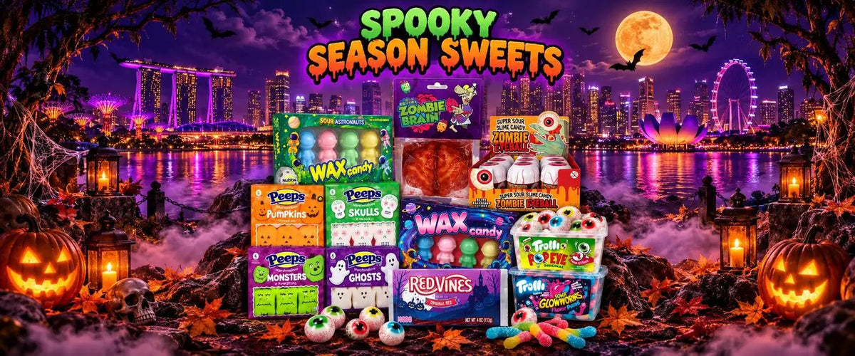 Spooky Season Sweets: Halloween candy in Singapore at The Candy Store, including PEEPS Halloween marshmallows, Trolli Pop Eye, Zombie Brain gummies, Nubbee wax candy and Red Vines in front of the Marina Bay skyline