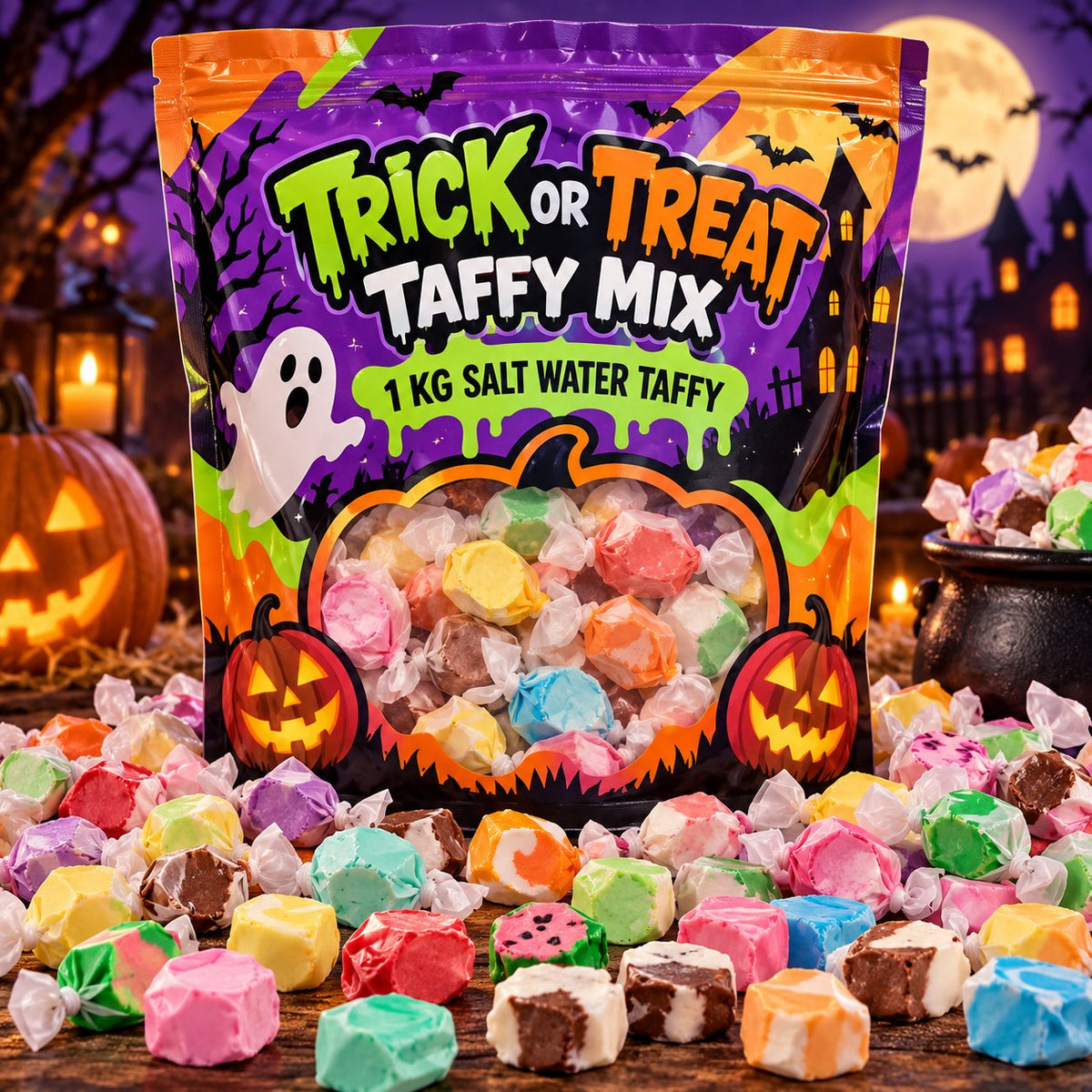 Trick or Treat Taffy Mix 1kg Halloween bag of individually wrapped salt water taffy, 110+ pieces, The Candy Store Singapore